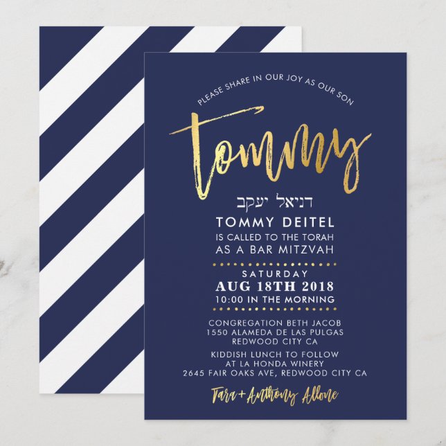 ANPASSNINGSBAR Pub Mitzvah Inbjudan för Tommy Navy (Fram/baksida)