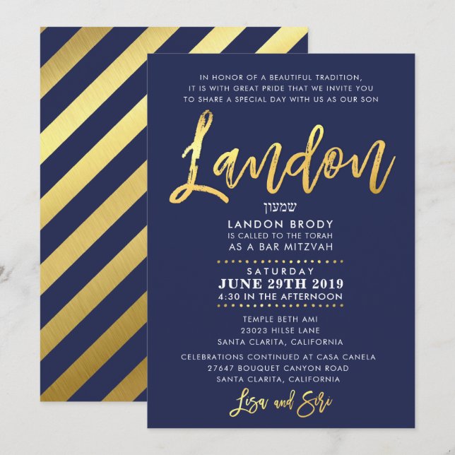 ANPASSNINGSBAR Pub Mitzvah Inbjudan marin blue + g (Fram/baksida)