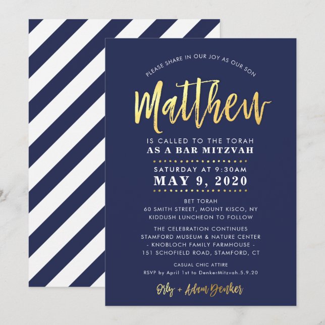 ANPASSNINGSBAR Pub Mitzvah modern marin + guld nam Inbjudningar (Fram/baksida)