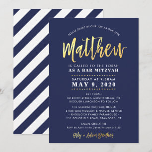 ANPASSNINGSBAR Pub Mitzvah modern marin + guld nam Inbjudningar