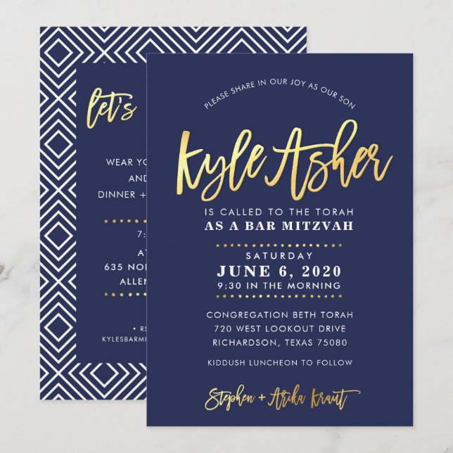 ANPASSNINGSBAR Pub Mitzvah modern marin + guld nam Inbjudningar (Fram/baksida)
