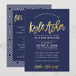 ANPASSNINGSBAR Pub Mitzvah modern marin + guld nam Inbjudningar