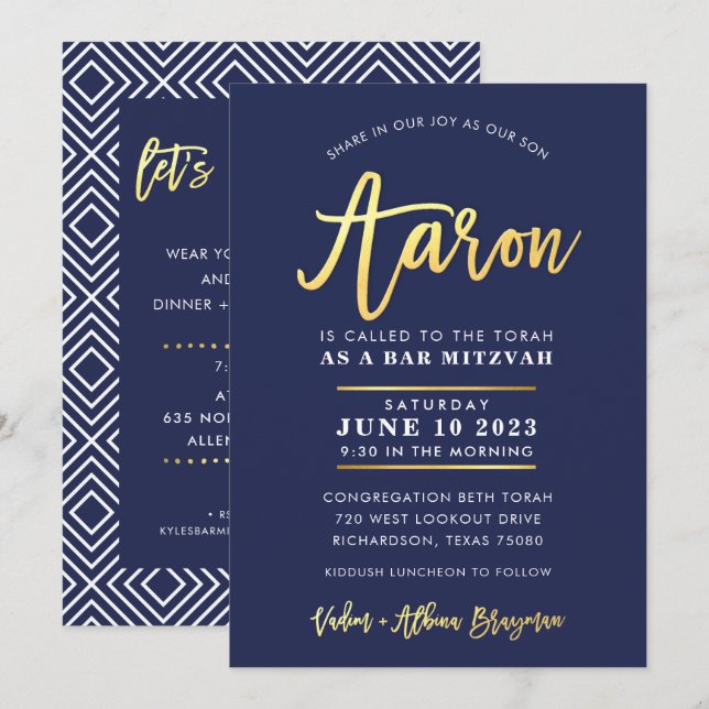 ANPASSNINGSBAR Pub Mitzvah modern marin + guld nam Inbjudningar (Fram/baksida)