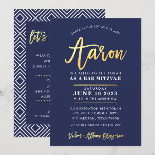 ANPASSNINGSBAR Pub Mitzvah modern marin + guld nam Inbjudningar