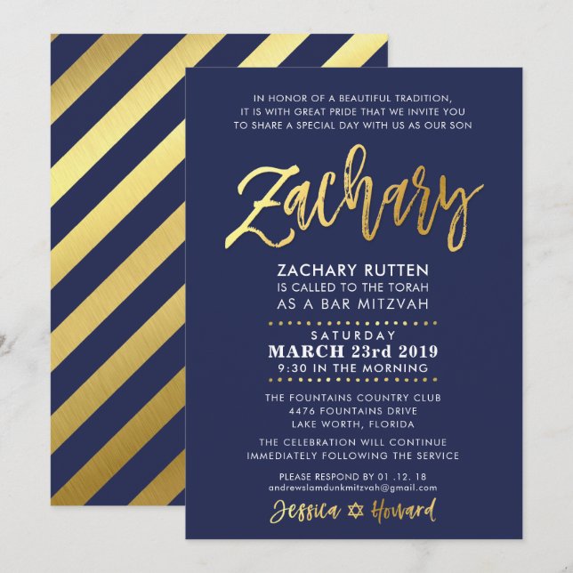 ANPASSNINGSBAR Pub Mitzvah modern marin + guld ZAC Inbjudningar (Fram/baksida)