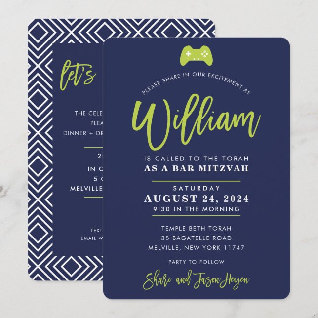 ANPASSNINGSBAR Pub Mitzvah, modern spelflotta lime Inbjudningar (Fram/baksida)