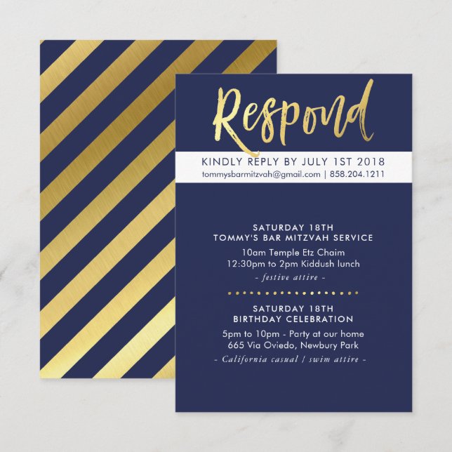 ANPASSNINGSBAR Pub Mitzvah party Tommy navy + guld Inbjudningar (Fram/baksida)