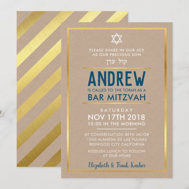 anpassningsbar PUB MITZVAH smart fet guld kraftblå Inbjudningar (Fram/baksida)