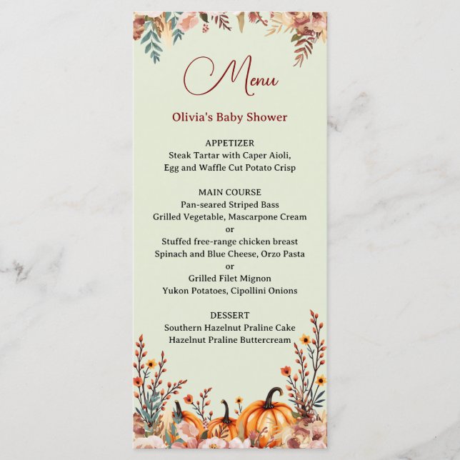 Anpassningsbar Pumpkin Baby Shower Flat Menu Meny (Framsida)