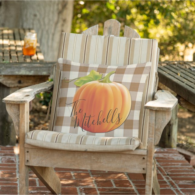 Anpassningsbar Pumpkin Fall Coffee Brown Gingham M Kudde (Stol)