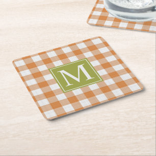 Anpassningsbar Pumpkin Orange Grönt Picnic Gingham Underlägg Papper Kvadrat