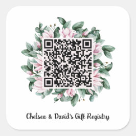 Anpassningsbar QR Code Magnolia Flower Ram Gift Re Fyrkantigt Klistermärke