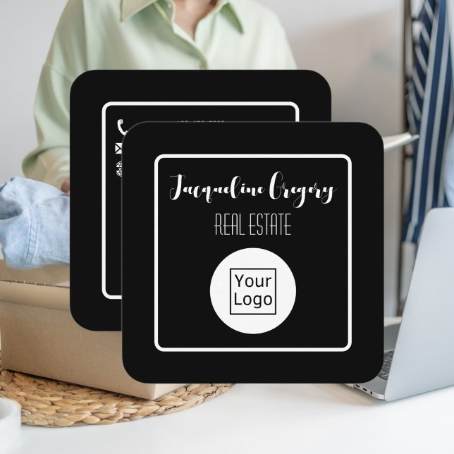 Anpassningsbar QR Code Modern Logotyp Black Small  Fyrkantigt Visitkort (Skapare uppladdad)