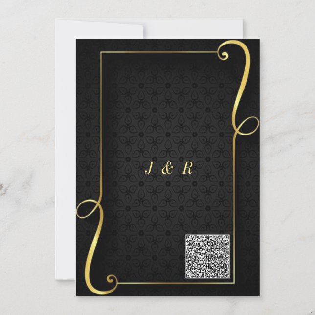 Anpassningsbar QR-Guld-kort för svartvit bröllopsi (Baksida)