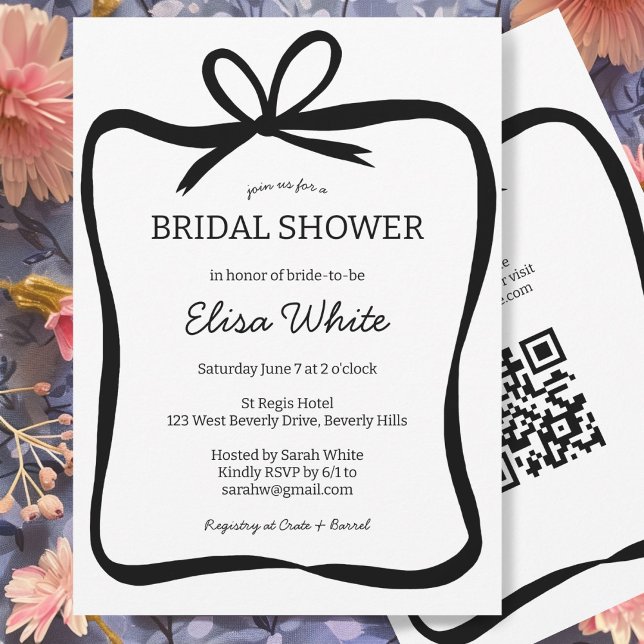Anpassningsbar QR-kod för Bow Ribbon Möhippa  Ram Inbjudningar (Bow Ribbon Frame Bridal Shower CUSTOM QR Code Invitation Simple Minimalist Girly)