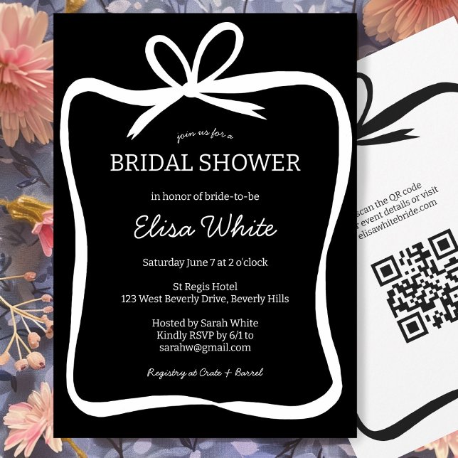 Anpassningsbar QR-kod för Bow Ribbon Möhippa  Ram Inbjudningar (Bow Ribbon Frame Bridal Shower CUSTOM QR Code Invitation Black and White Elegant Minimal SImple)