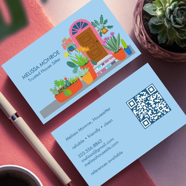 Anpassningsbar QR-kod för webbplatsens platscentra Visitkort (House Sitter Home Services House Cleaning Cute Front Door Custom QR Code Business Card
)