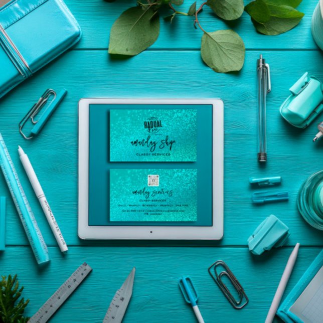 Anpassningsbar QR-kod Logotyp Social Media Glitter Visitkort (Custom Qr Code Logo Social Media Glitter Teal Business Card)