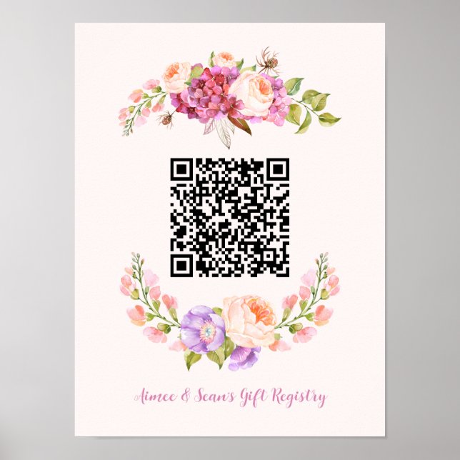 Anpassningsbar QR-koden Blommigt Ram Bröllop Gift- Poster (Framsidan)