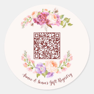 Anpassningsbar QR-koden Blommigt Ram Bröllop Gift- Runt Klistermärke