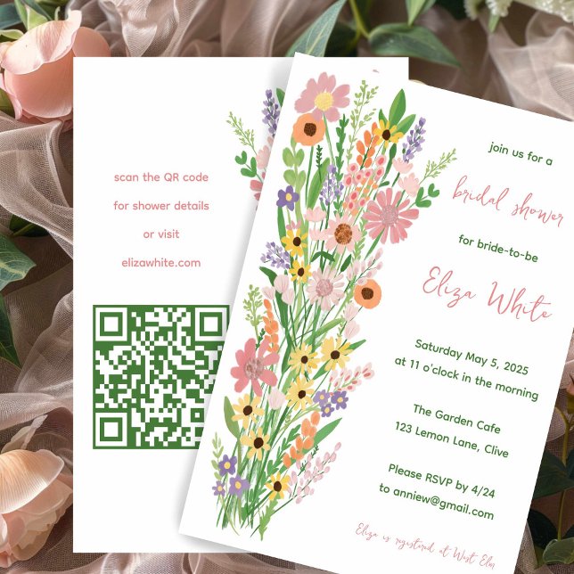 Anpassningsbar QR-Möhippa för Wildblommor Handmåla Inbjudningar (Wildflowers Handpainted Custom QR Bridal Shower Invitation
)