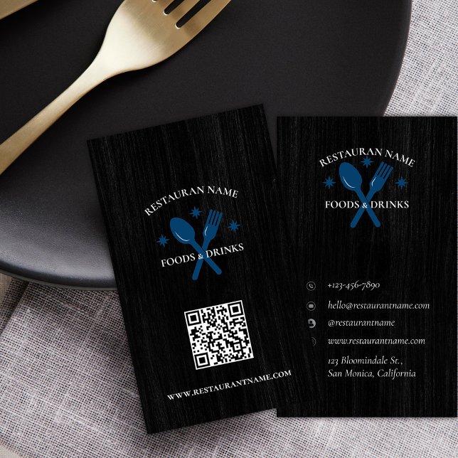 Anpassningsbar QRCode Wood Textured Restaurant Log Visitkort (Custom QRCode Wood Textured Restaurant Logo Rustic Business Card)