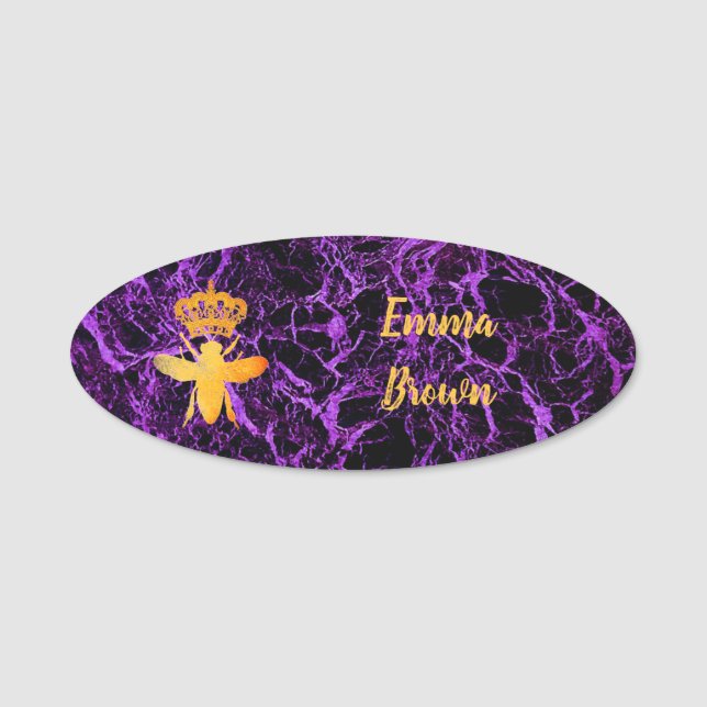 Anpassningsbar QUEEN BEE Guld Lila Badge Pin Magne Namnbricka (Framsida)