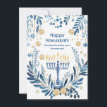Anpassningsbar Radiant Hanukkah Blooms Julkort<br><div class="desc">"Radiant Hanukkah Blooms Card"! Det här elegantens kvadrathälsningskort är en perfekt för att fira Hanukkah med en personlig hand. Kortet har en vackert illustrerad menorah med alla tända ljus, omgiven av intrikata vattenfärgbilder av blå och vita blommor, guldfärgad mynt och snöflingor, som framkallar hanukkah-själen. Överst står "Lycklig Hanukkah" skrivet i...</div>
