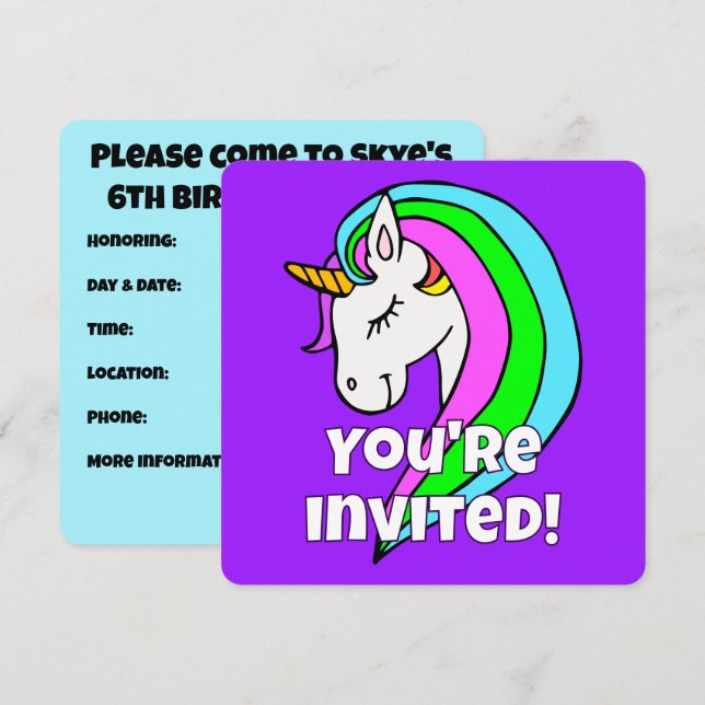Anpassningsbar Rainbow Unicorn Inbjudningar (Fram/baksida)