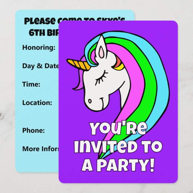 Anpassningsbar Rainbow Unicorn Inbjudningar (Fram/baksida)