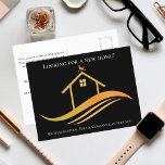 Anpassningsbar Real Gods Company Black Guld Markna Vykort<br><div class="desc">Den här chicen reella företaget marknadsföring vykort är anpassningsbar med ditt realbolag och agent namn. Den här klassens svarta och guld-verksannonsering har ett söt hus med väder och vind på ovansidan och slimmad kurvor under. Anpassa de här vykorten för affärsbefordran med egen information.</div>