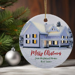 Anpassningsbar Real Gods Company Winter House-jul Julgransprydnad Keramik<br><div class="desc">Denna vackra anpassningsbar vid jul i gods är perfekt för ett realföretag i norr. Det vackra vita snö linjer,  träd och huset på vintern helgdag. En sfärare kan behålla God jul i skript för röd grönt eller anpassa med sina egna säsonhälsningar.</div>