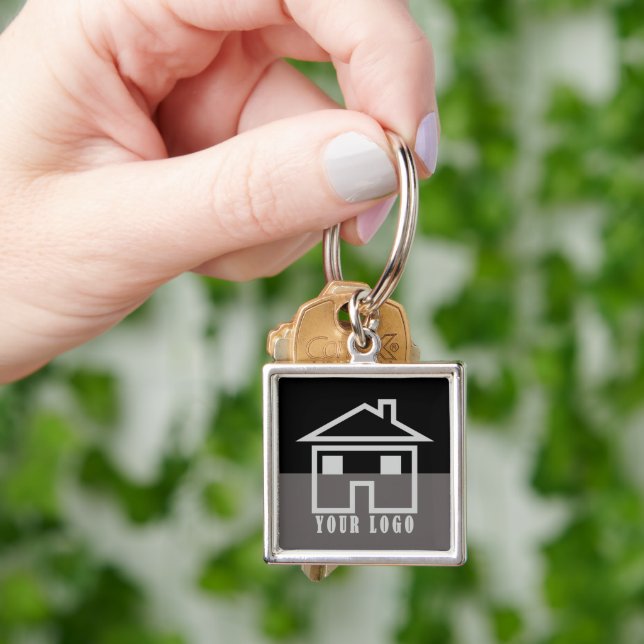 Anpassningsbar Real Gods eller Realtor Logotyp Key Fyrkantig Silverfärgad Nyckelring (Hand)