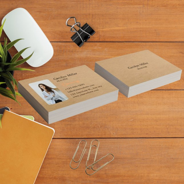 Anpassningsbar Realtor Photo & Guld Nyckel Kraft Visitkort (Custom Realtor Photo & Gold Key Kraft Business Card)