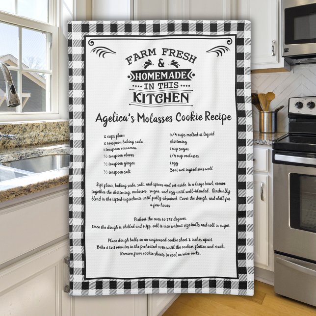 Anpassningsbar Recipe Black White Farmhouse Buffal Kökshandduk (Skapare uppladdad)