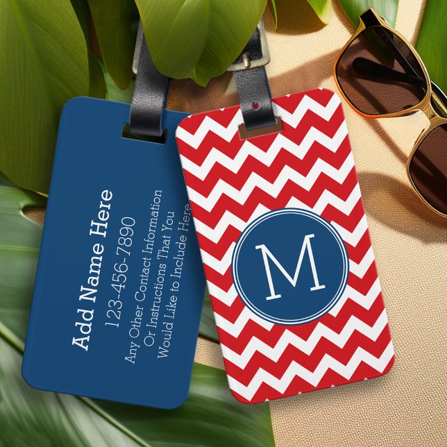 Anpassningsbar Red and Navy Blue Chevron Mönster M Bagagebricka (Custom Monogram Luggage Tag)