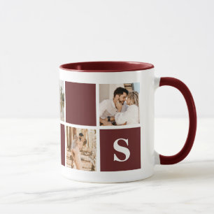 Anpassningsbar Red and White Monogram Photo Collag Mugg