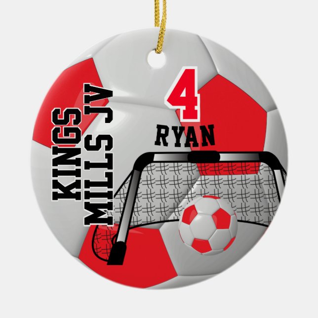 Anpassningsbar Red and White Personalize - fotboll Julgransprydnad Keramik (Framsidan)
