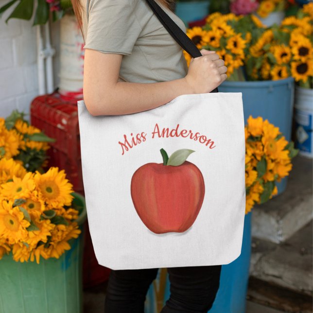 Anpassningsbar Red Apple Minimalist Personlig Lära Tygkasse (Teacher watercolor apple personalized tote bag.)