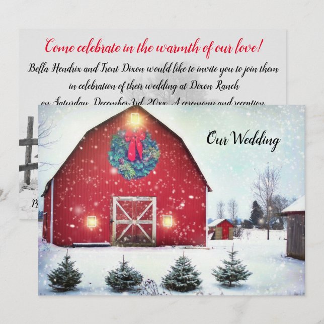 Anpassningsbar Red Barn Winter Wedding Inbjudningar (Fram/baksida)