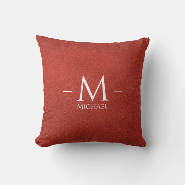 Anpassningsbar Red Brown Leather Se Monogram-mall Kudde (Framsida)