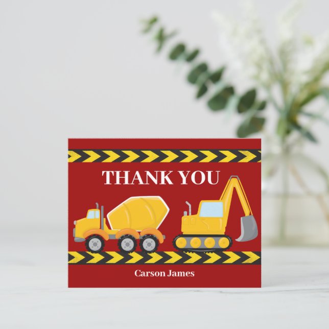 Anpassningsbar Red Construction Lastbil Boys Födel Tack Kort (Stående Fram)