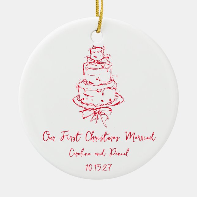 Anpassningsbar Red Doodle Cake Första julen Gift Julgransprydnad Keramik (Framsidan)