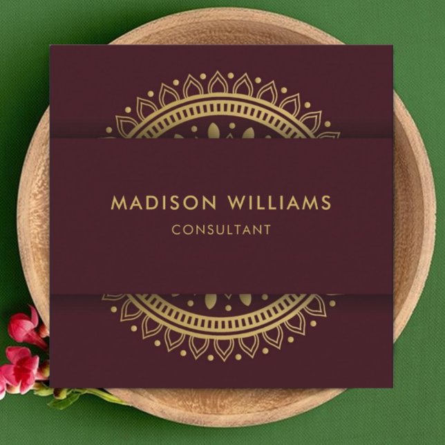Anpassningsbar Red Maroon Lila Guld Mandala Profes Fyrkantigt Visitkort (Custom Red Maroon Purple Gold Mandala Professional Square Business Card)