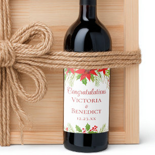 Anpassningsbar Red Poinsettia jul-Blommigten Bröll Vinflaska Etikett