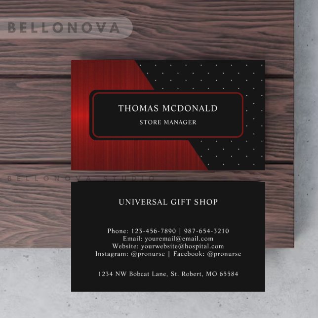 Anpassningsbar Red Rand Black White Polka Dot Mono Visitkort (Custom Red Stripes Black White Polka Dot Monogram Business Card)