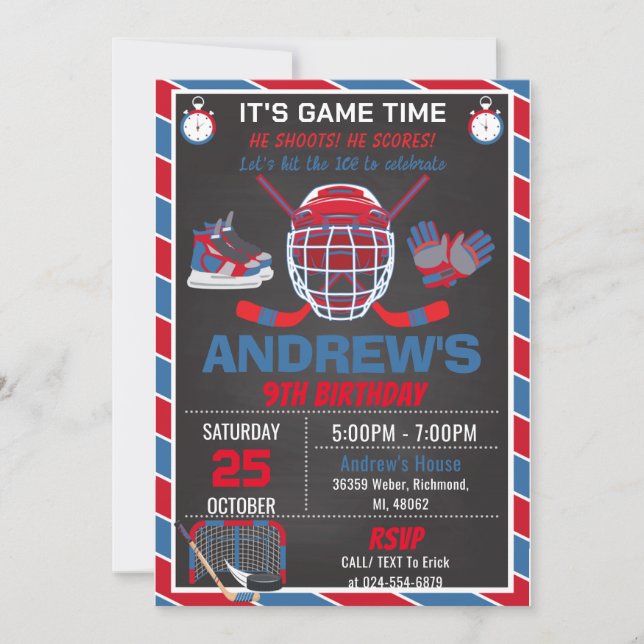 Anpassningsbar RED Simple Hockey Birthday-inbjudan Inbjudningar (Framsida)