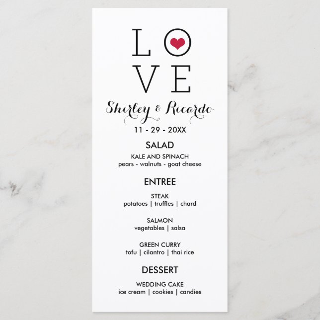 Anpassningsbar Red Simple Kärlek Bröllop Menu Meny (Framsida)