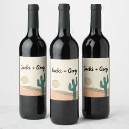 Anpassningsbar Retro Boho Desert Cactus Bröllop Vinflaska Etikett