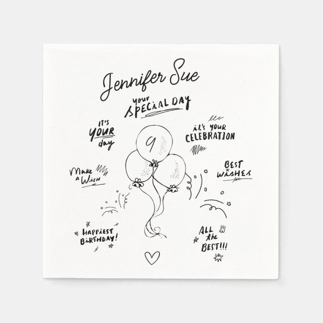 Anpassningsbar Retro Doodle Modern Balloon Grattis Pappersservett (Framsidan)
